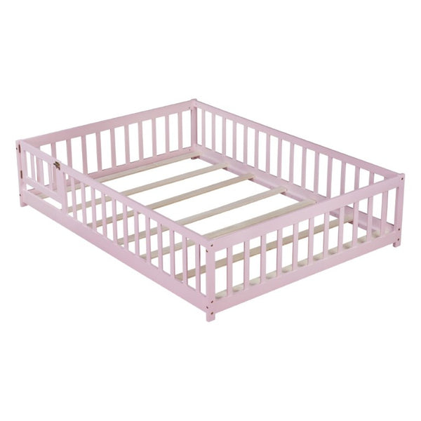 English Elm Full Size Rubberwood Floor Bed with Fence Gate and Safe Platform for Kids Room W504P482173