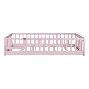 English Elm Full Size Rubberwood Floor Bed with Fence Gate and Safe Platform for Kids Room W504P482173