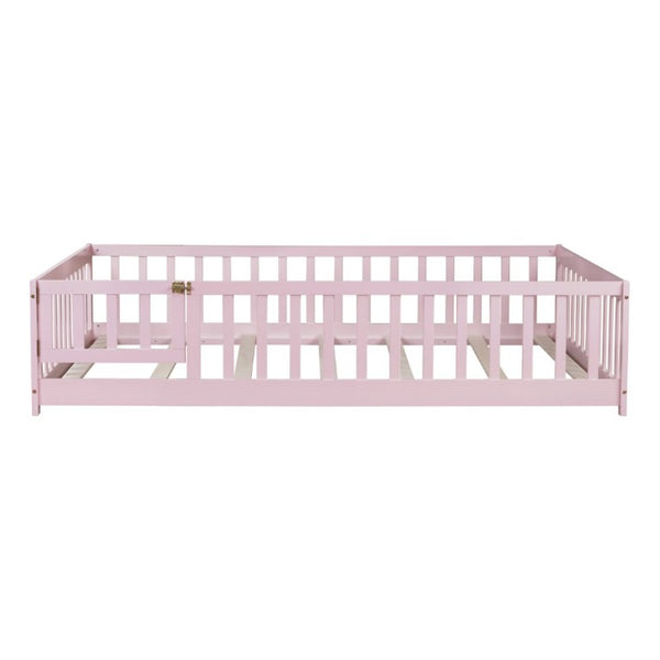 English Elm Full Size Rubberwood Floor Bed with Fence Gate and Safe Platform for Kids Room W504P482173