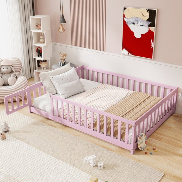 English Elm Full Size Rubberwood Floor Bed with Fence Gate and Safe Platform for Kids Room W504P482173