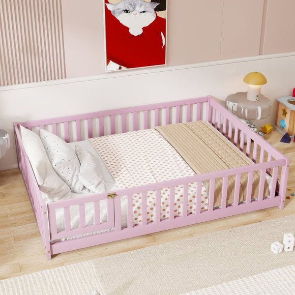 English Elm Full Size Rubberwood Floor Bed with Fence Gate and Safe Platform for Kids Room W504P482173