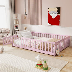 English Elm Full Size Rubberwood Floor Bed with Fence Gate and Safe Platform for Kids Room W504P482173