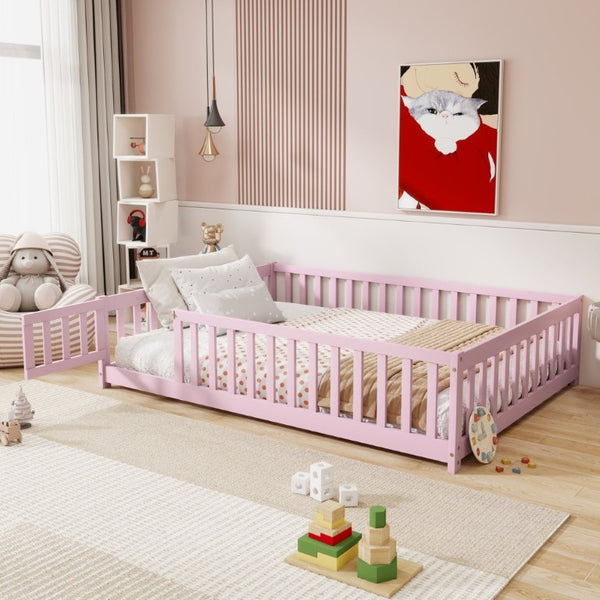 English Elm Full Size Rubberwood Floor Bed with Fence Gate and Safe Platform for Kids Room W504P482173