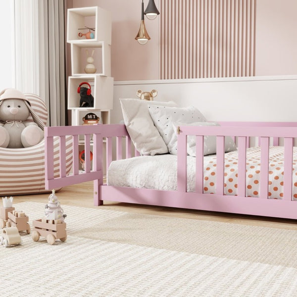 English Elm Full Size Rubberwood Floor Bed with Fence Gate and Safe Platform for Kids Room W504P482173