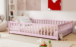 English Elm Full Size Rubberwood Floor Bed with Fence Gate and Safe Platform for Kids Room W504P482173