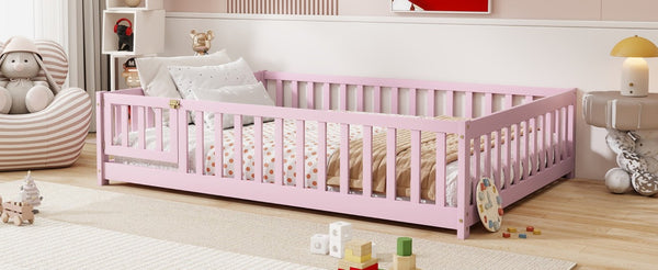 English Elm Full Size Rubberwood Floor Bed with Fence Gate and Safe Platform for Kids Room W504P482173