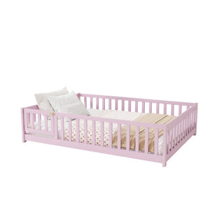 English Elm Full Size Rubberwood Floor Bed with Fence Gate and Safe Platform for Kids Room W504P482173