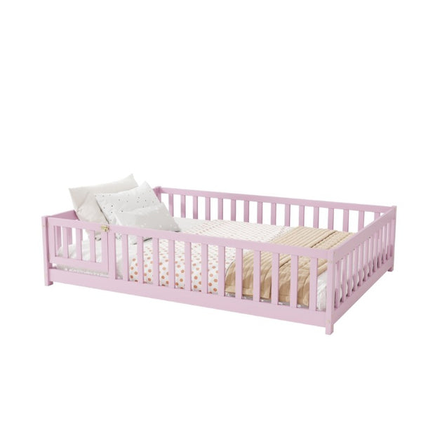 English Elm Full Size Rubberwood Floor Bed with Fence Gate and Safe Platform for Kids Room W504P482173
