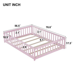 English Elm Full Size Rubberwood Floor Bed with Fence Gate and Safe Platform for Kids Room W504P482173