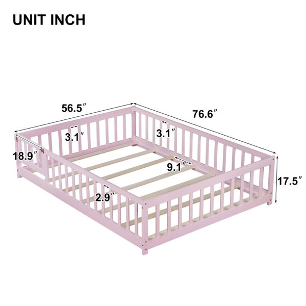 English Elm Full Size Rubberwood Floor Bed with Fence Gate and Safe Platform for Kids Room W504P482173