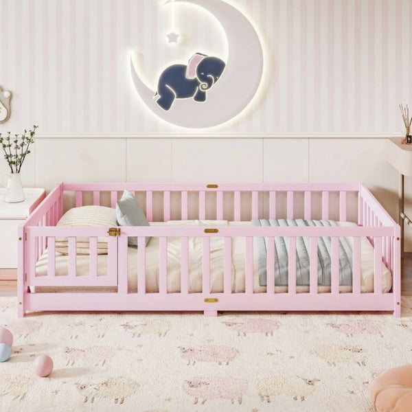 English Elm Twin Rubber Wood Toddler Floor Bed with Fence Gate and Safe Enclosed Sleeping Space W504P482176