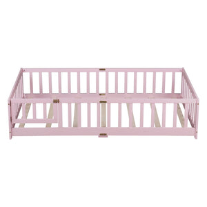 English Elm Twin Rubber Wood Toddler Floor Bed with Fence Gate and Safe Enclosed Sleeping Space W504P482176