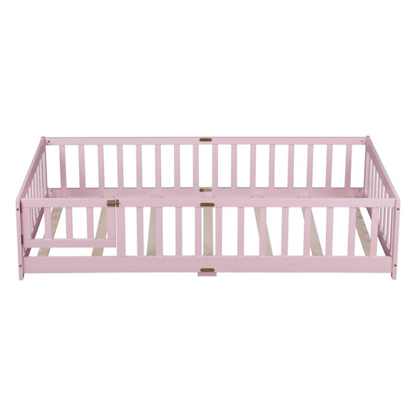 English Elm Twin Rubber Wood Toddler Floor Bed with Fence Gate and Safe Enclosed Sleeping Space W504P482176