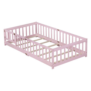 English Elm Twin Rubber Wood Toddler Floor Bed with Fence Gate and Safe Enclosed Sleeping Space W504P482176