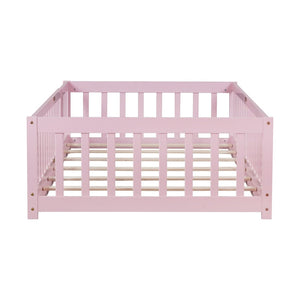 English Elm Twin Rubber Wood Toddler Floor Bed with Fence Gate and Safe Enclosed Sleeping Space W504P482176