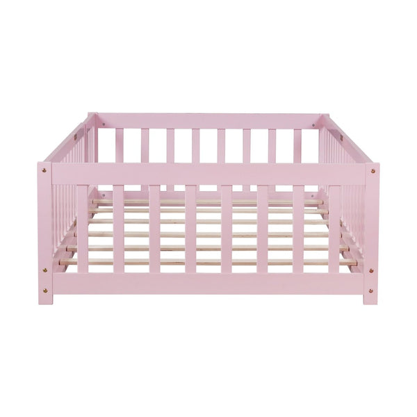 English Elm Twin Rubber Wood Toddler Floor Bed with Fence Gate and Safe Enclosed Sleeping Space W504P482176