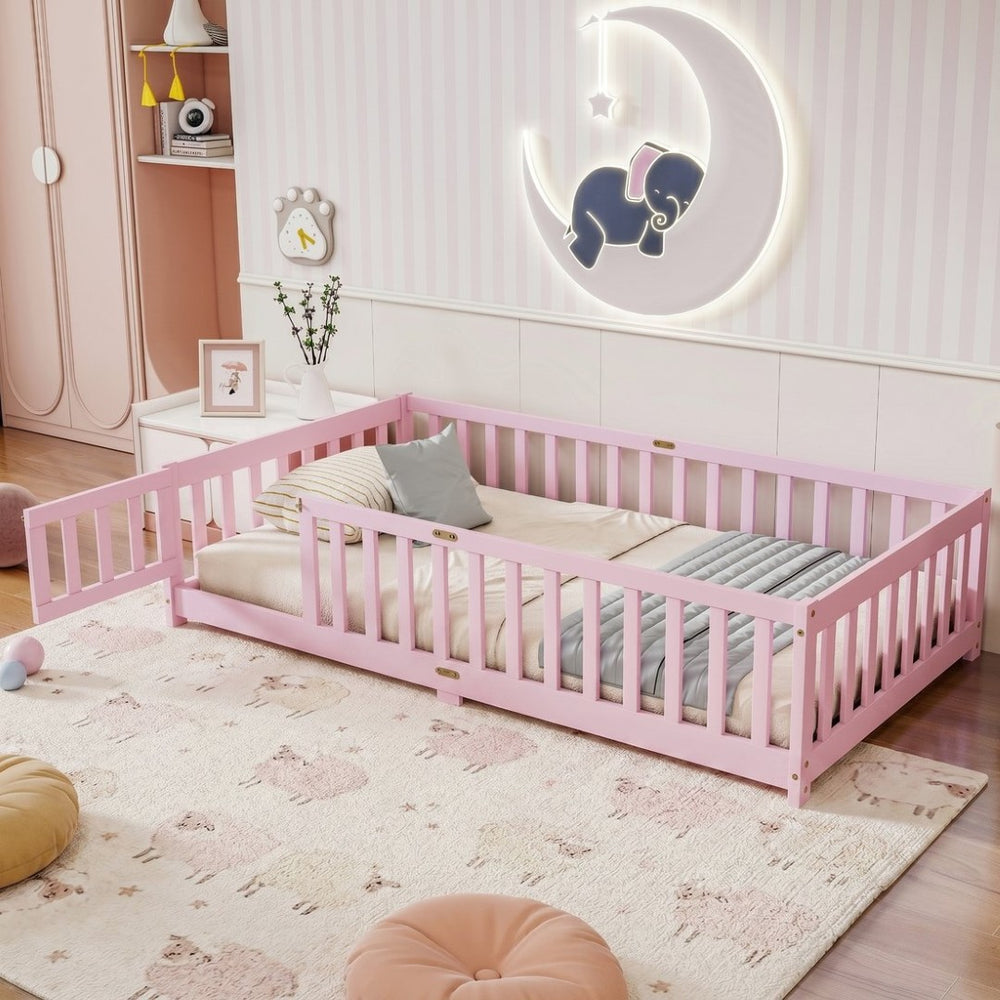 English Elm Twin Rubber Wood Toddler Floor Bed with Fence Gate and Safe Enclosed Sleeping Space W504P482176