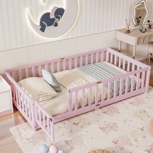 English Elm Twin Rubber Wood Toddler Floor Bed with Fence Gate and Safe Enclosed Sleeping Space W504P482176