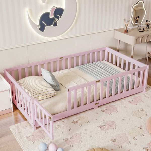 English Elm Twin Rubber Wood Toddler Floor Bed with Fence Gate and Safe Enclosed Sleeping Space W504P482176