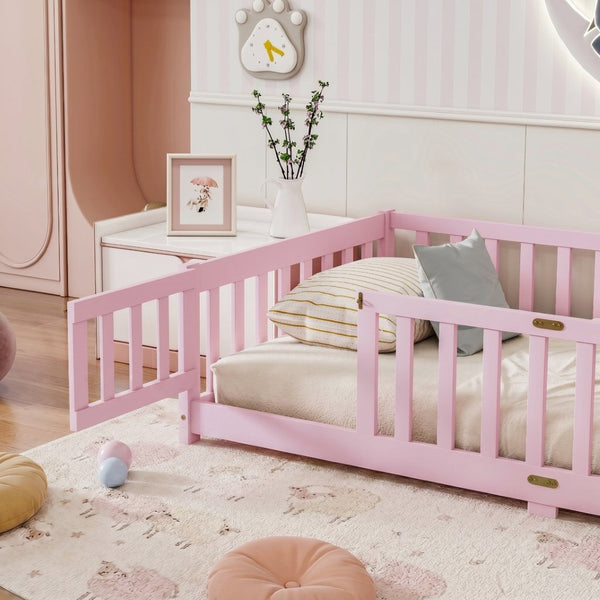 English Elm Twin Rubber Wood Toddler Floor Bed with Fence Gate and Safe Enclosed Sleeping Space W504P482176