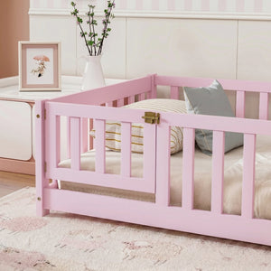 English Elm Twin Rubber Wood Toddler Floor Bed with Fence Gate and Safe Enclosed Sleeping Space W504P482176