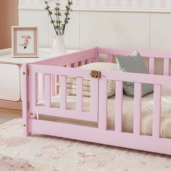 English Elm Twin Rubber Wood Toddler Floor Bed with Fence Gate and Safe Enclosed Sleeping Space W504P482176