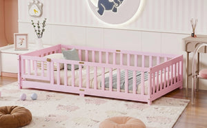 English Elm Twin Rubber Wood Toddler Floor Bed with Fence Gate and Safe Enclosed Sleeping Space W504P482176