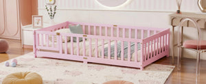English Elm Twin Rubber Wood Toddler Floor Bed with Fence Gate and Safe Enclosed Sleeping Space W504P482176