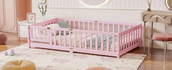 English Elm Twin Rubber Wood Toddler Floor Bed with Fence Gate and Safe Enclosed Sleeping Space W504P482176