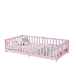 English Elm Twin Rubber Wood Toddler Floor Bed with Fence Gate and Safe Enclosed Sleeping Space W504P482176