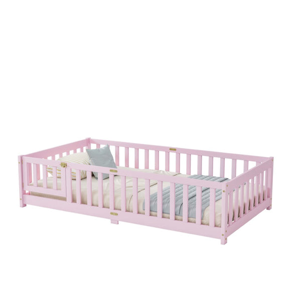 English Elm Twin Rubber Wood Toddler Floor Bed with Fence Gate and Safe Enclosed Sleeping Space W504P482176