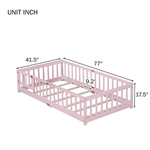 English Elm Twin Rubber Wood Toddler Floor Bed with Fence Gate and Safe Enclosed Sleeping Space W504P482176