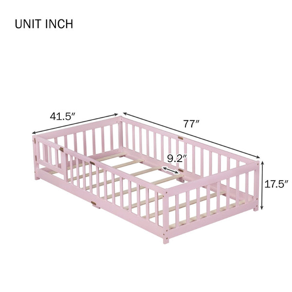 English Elm Twin Rubber Wood Toddler Floor Bed with Fence Gate and Safe Enclosed Sleeping Space W504P482176