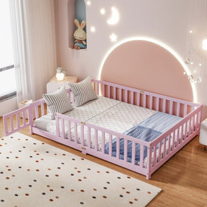 English Elm Full Size Kids Floor Bed Rubber Wood Frame with Surrounding Fence and Revolving Door W504P482177