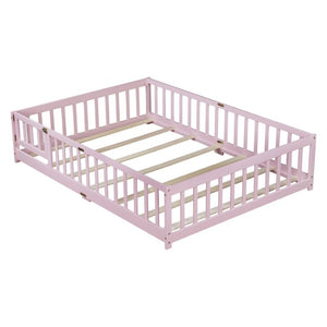 English Elm Full Size Kids Floor Bed Rubber Wood Frame with Surrounding Fence and Revolving Door W504P482177