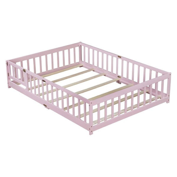 English Elm Full Size Kids Floor Bed Rubber Wood Frame with Surrounding Fence and Revolving Door W504P482177