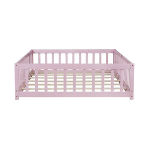 English Elm Full Size Kids Floor Bed Rubber Wood Frame with Surrounding Fence and Revolving Door W504P482177