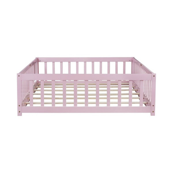 English Elm Full Size Kids Floor Bed Rubber Wood Frame with Surrounding Fence and Revolving Door W504P482177