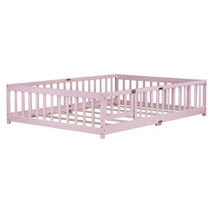 English Elm Full Size Kids Floor Bed Rubber Wood Frame with Surrounding Fence and Revolving Door W504P482177