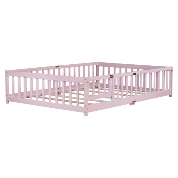 English Elm Full Size Kids Floor Bed Rubber Wood Frame with Surrounding Fence and Revolving Door W504P482177
