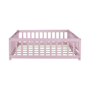 English Elm Full Size Kids Floor Bed Rubber Wood Frame with Surrounding Fence and Revolving Door W504P482177