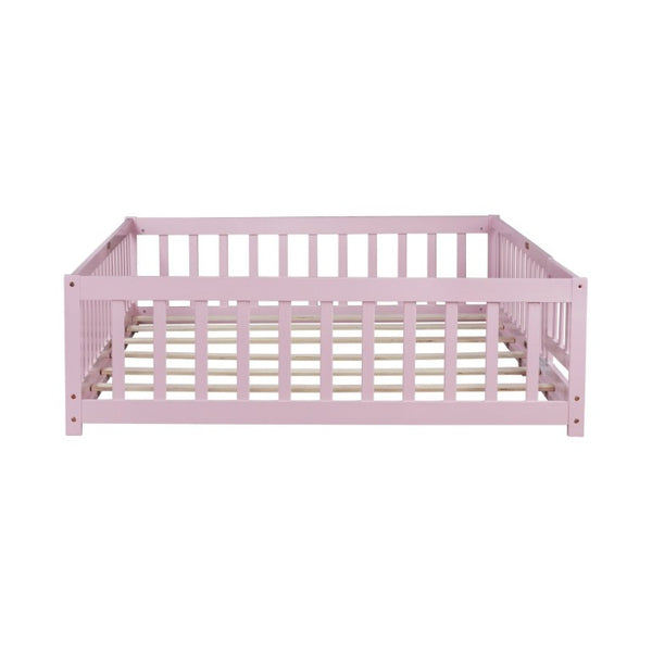 English Elm Full Size Kids Floor Bed Rubber Wood Frame with Surrounding Fence and Revolving Door W504P482177