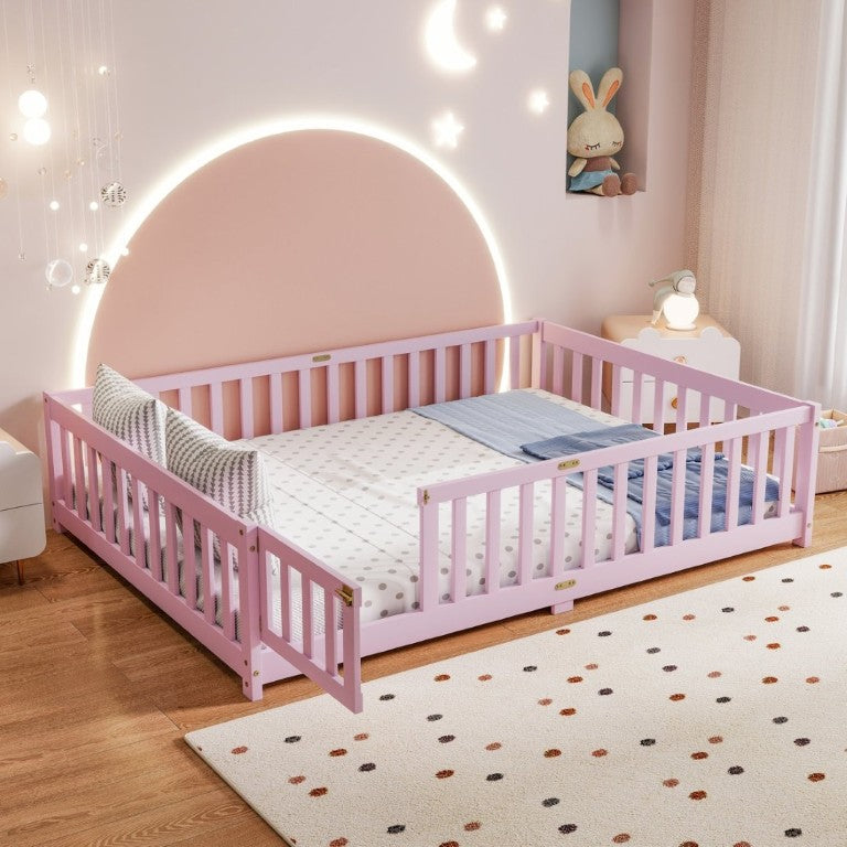 English Elm Full Size Kids Floor Bed Rubber Wood Frame with Surrounding Fence and Revolving Door W504P482177