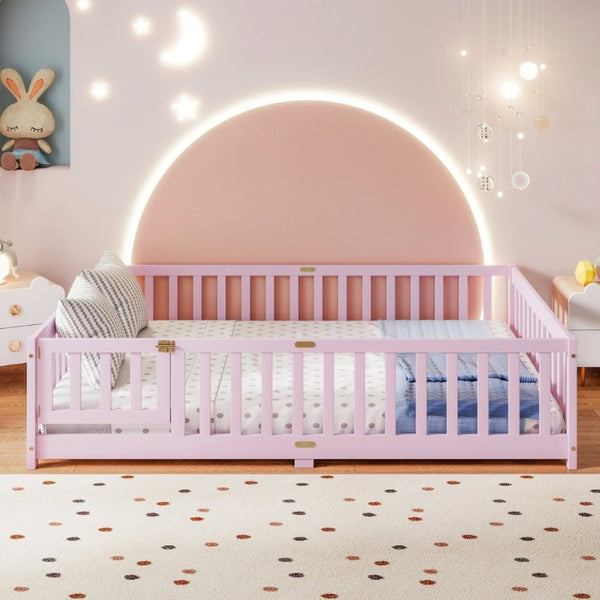 English Elm Full Size Kids Floor Bed Rubber Wood Frame with Surrounding Fence and Revolving Door W504P482177