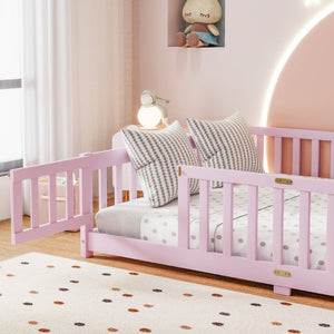 English Elm Full Size Kids Floor Bed Rubber Wood Frame with Surrounding Fence and Revolving Door W504P482177