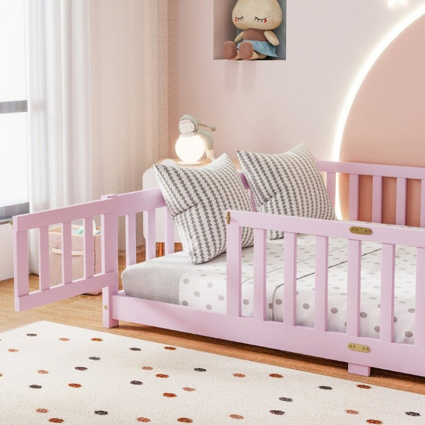 English Elm Full Size Kids Floor Bed Rubber Wood Frame with Surrounding Fence and Revolving Door W504P482177