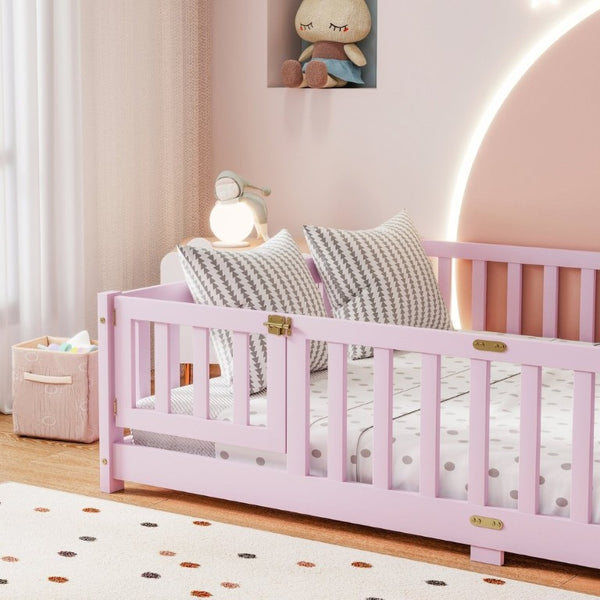 English Elm Full Size Kids Floor Bed Rubber Wood Frame with Surrounding Fence and Revolving Door W504P482177