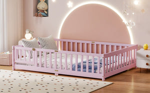 English Elm Full Size Kids Floor Bed Rubber Wood Frame with Surrounding Fence and Revolving Door W504P482177