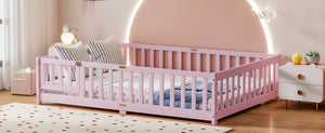English Elm Full Size Kids Floor Bed Rubber Wood Frame with Surrounding Fence and Revolving Door W504P482177