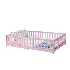 English Elm Full Size Kids Floor Bed Rubber Wood Frame with Surrounding Fence and Revolving Door W504P482177